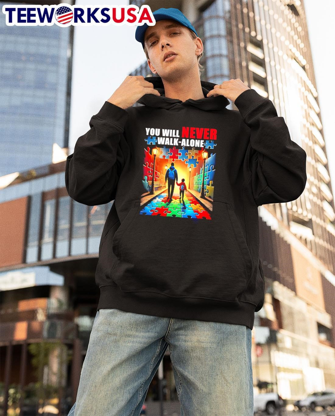 Autism Dad Mom You'll Never Walk Alone - Adult & Kids T-Shirts, Sweatshirts & Hoodies apparel design preview 3