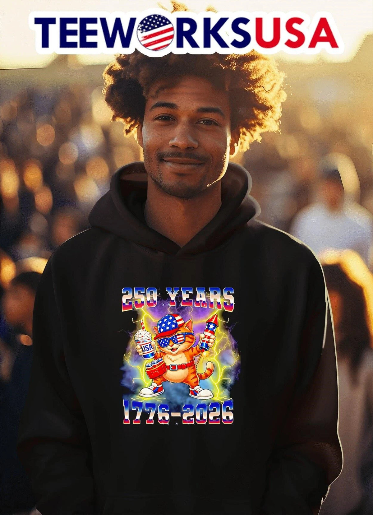 250 Years 1776-2026 USA Orange Cat - Adult & Kids T-Shirts, Sweatshirts & Hoodies apparel design preview 2