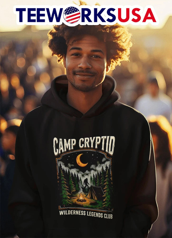 Camp Cryptid Wilderness Legends Club Bigfoot Camping - Adult & Kids T-Shirts, Sweatshirts & Hoodies apparel design preview 3