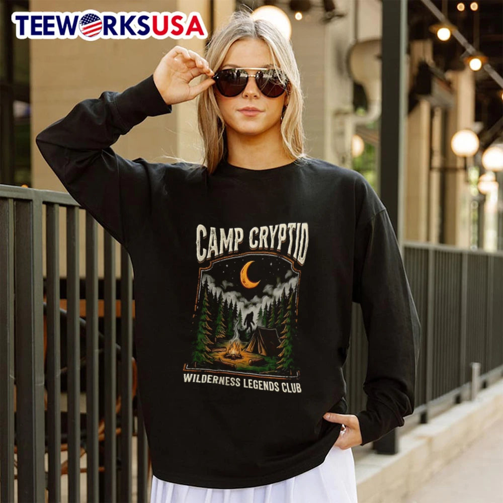 Camp Cryptid Wilderness Legends Club Bigfoot Camping - Adult & Kids T-Shirts, Sweatshirts & Hoodies apparel design preview 4