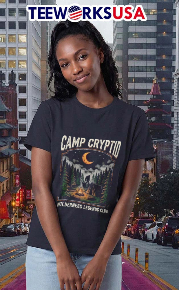 Camp Cryptid Wilderness Legends Club Bigfoot Camping - Adult & Kids T-Shirts, Sweatshirts & Hoodies apparel design preview 2