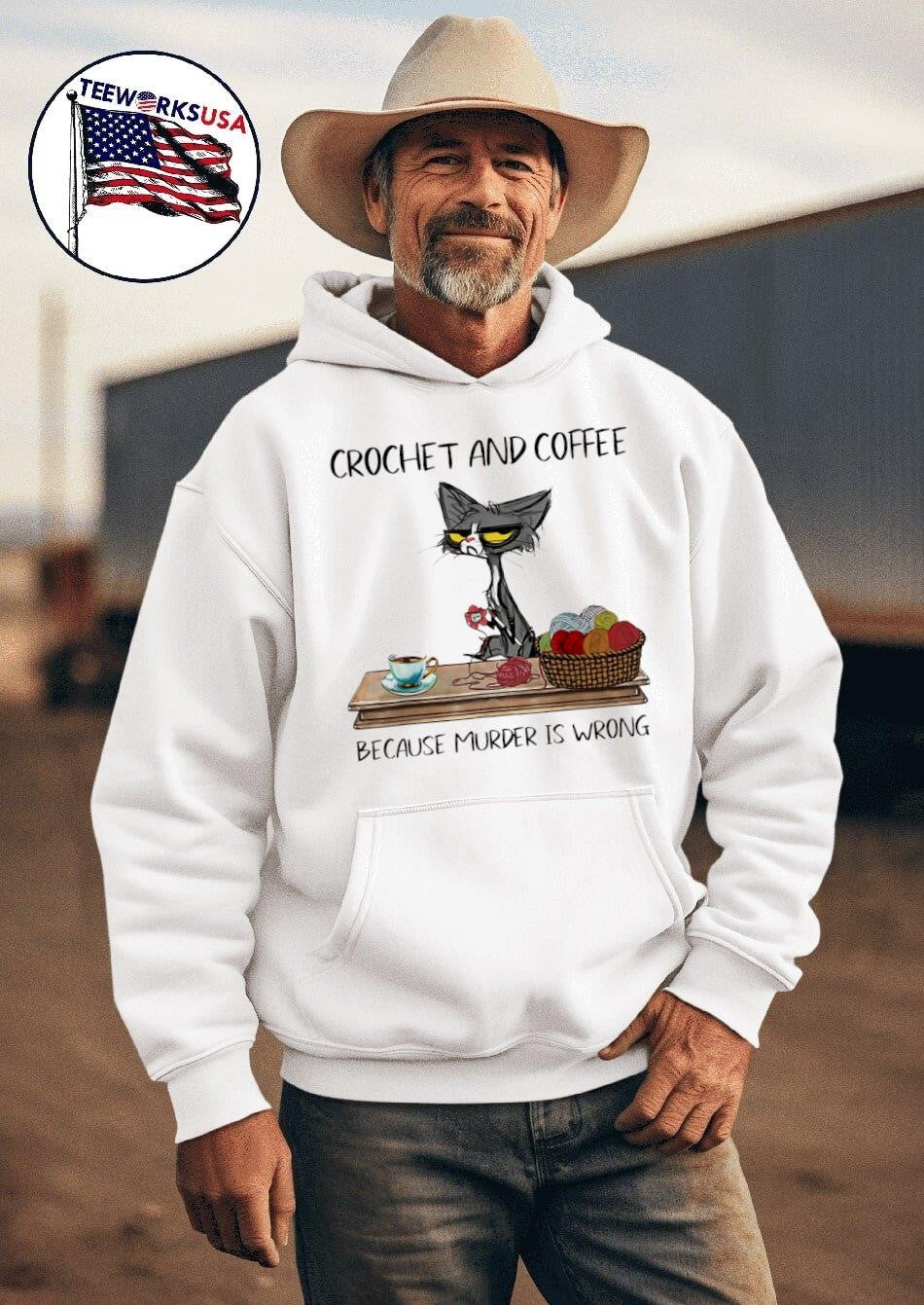 Cat crochet and coffee because murder is wrong - Adult & Kids T-Shirts, Sweatshirts & Hoodies apparel design preview 2