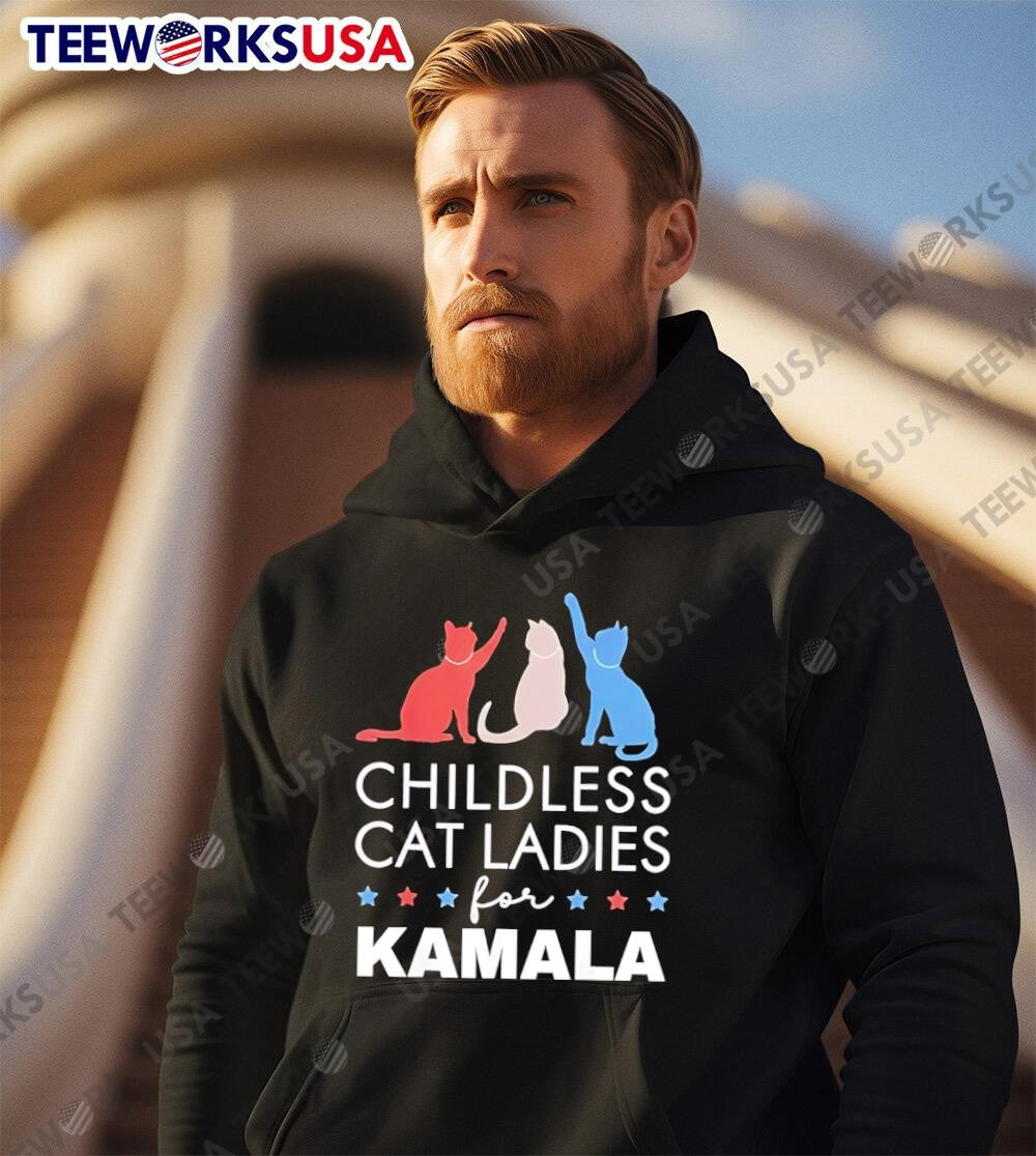Childless cat lady for Kamala Harris 2024 funny - Adult & Kids T-Shirts, Sweatshirts & Hoodies apparel design preview 2