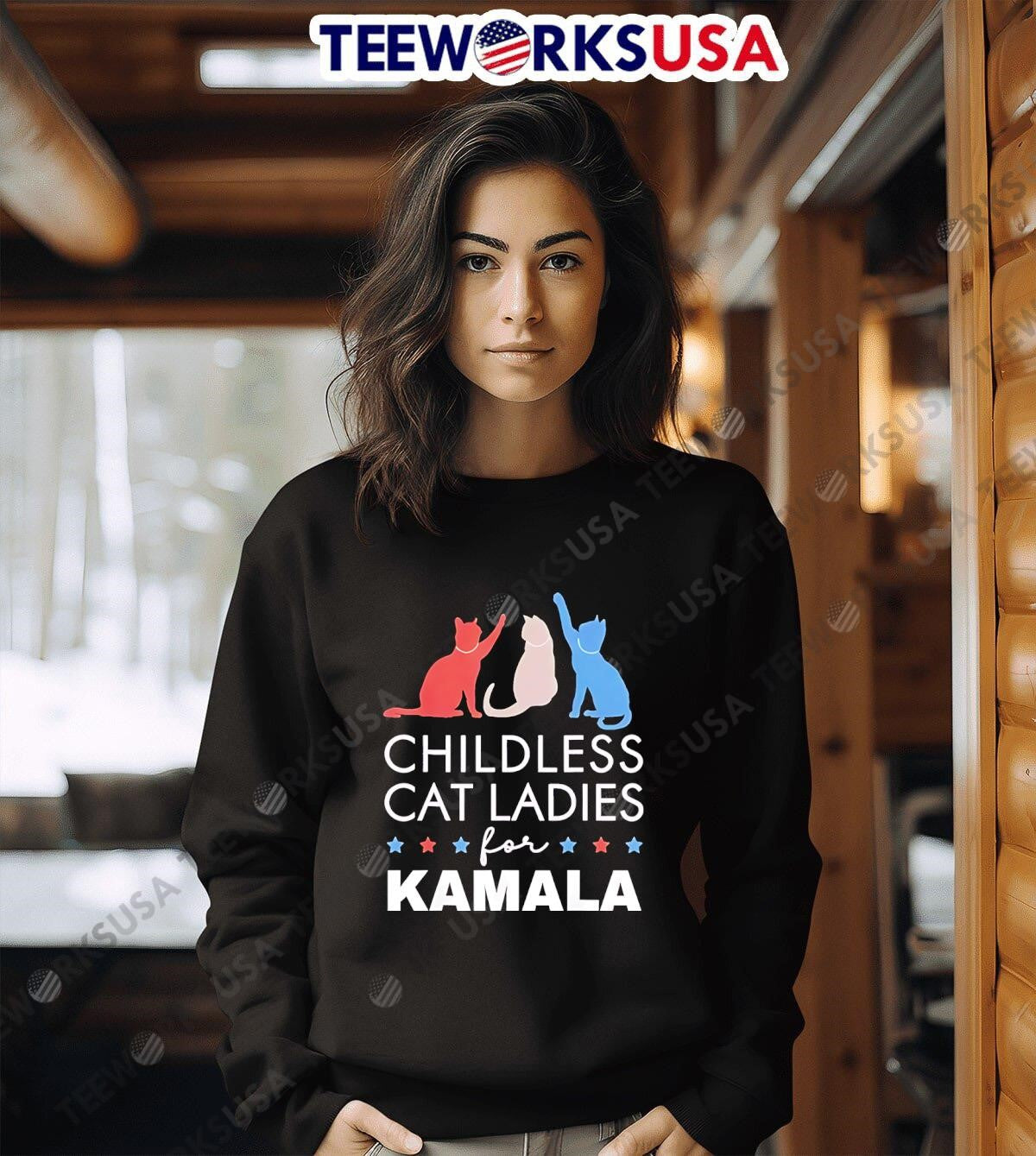 Childless cat lady for Kamala Harris 2024 funny - Adult & Kids T-Shirts, Sweatshirts & Hoodies apparel design preview 3
