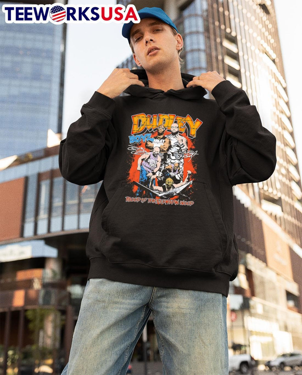 Dudley Boyz blood is thicker than wood graphic retro - Adult & Kids T-Shirts, Sweatshirts & Hoodies apparel design preview 3