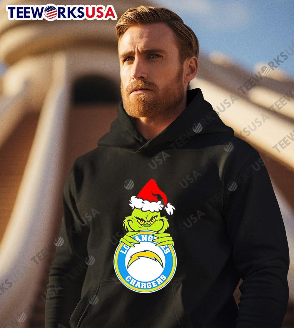Grinch Wearing a Christmas hat holding symbol Los - Adult & Kids T-Shirts, Sweatshirts & Hoodies apparel design preview 3