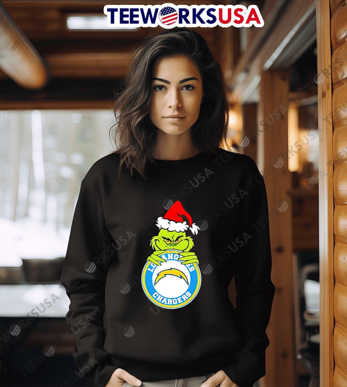 Grinch Wearing a Christmas hat holding symbol Los - Adult & Kids T-Shirts, Sweatshirts & Hoodies apparel design preview 6