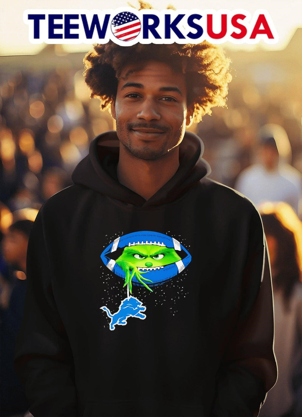 Grinch holding Detroit Lions football logo - Adult & Kids T-Shirts, Sweatshirts & Hoodies apparel design preview 2