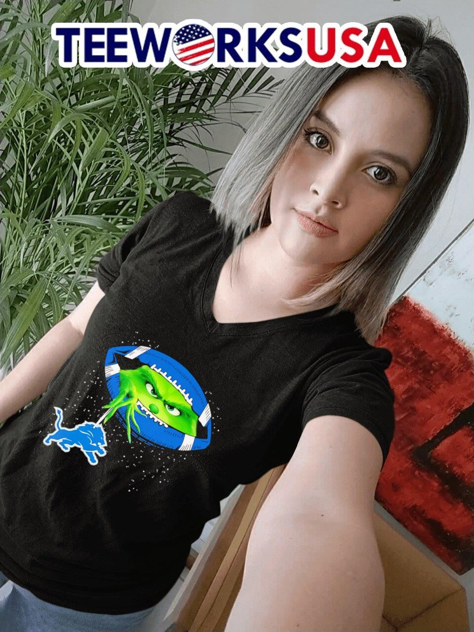 Grinch holding Detroit Lions football logo - Adult & Kids T-Shirts, Sweatshirts & Hoodies apparel design preview 4