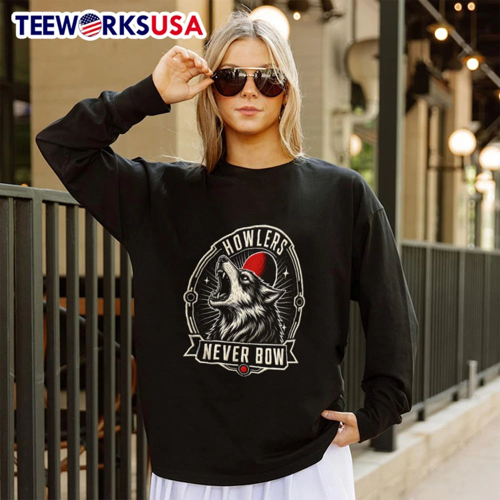Howlers Never Bow Snarling Wolf Profile Red Moon - Adult & Kids T-Shirts, Sweatshirts & Hoodies apparel design preview 4