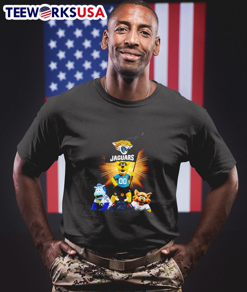 Jacksonville Jaguars mascot standing with flag - Adult & Kids T-Shirts, Sweatshirts & Hoodies apparel design preview 1