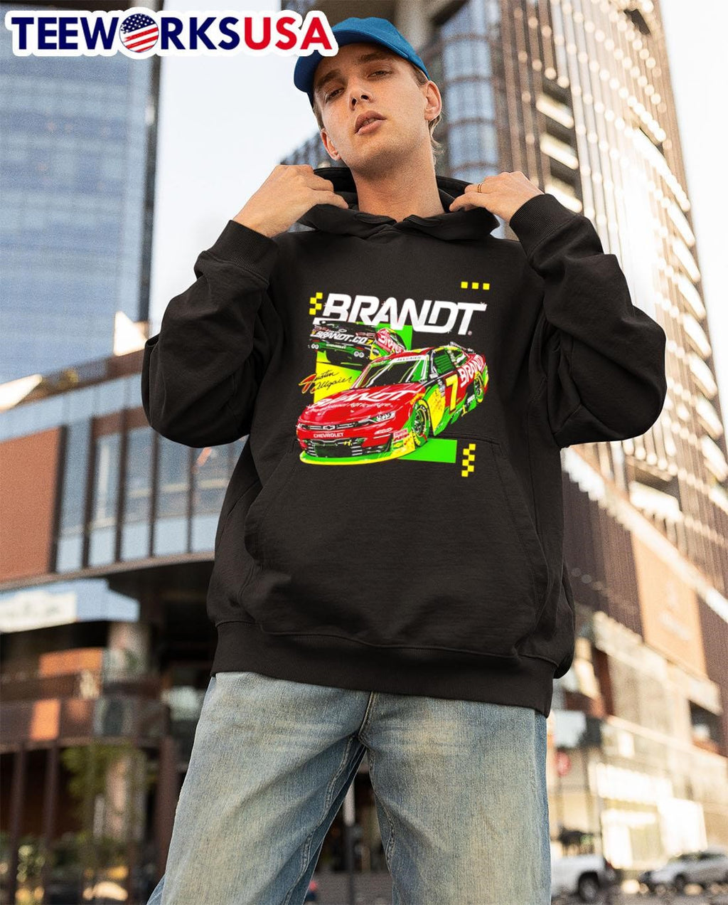 Justin Allgaier #7 2025 Brandt Red car - Adult & Kids T-Shirts, Sweatshirts & Hoodies apparel design preview 3