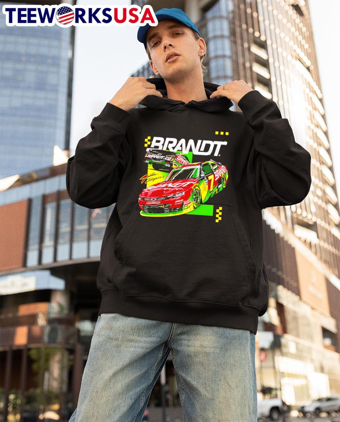 Justin Allgaier #7 2025 Brandt Red car - Adult & Kids T-Shirts, Sweatshirts & Hoodies apparel design preview 3