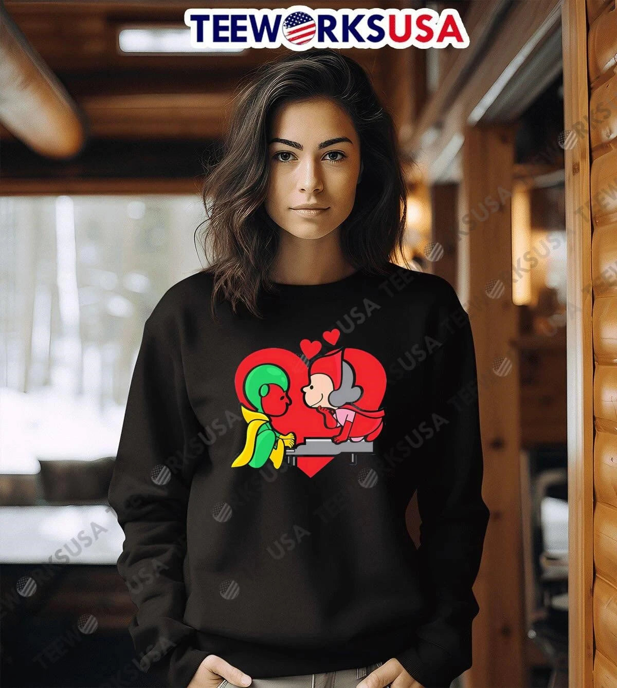 Vision and Scarlet Witch Playing Piano Love Cartoon - Adult & Kids T-Shirts, Sweatshirts & Hoodies apparel design preview 6