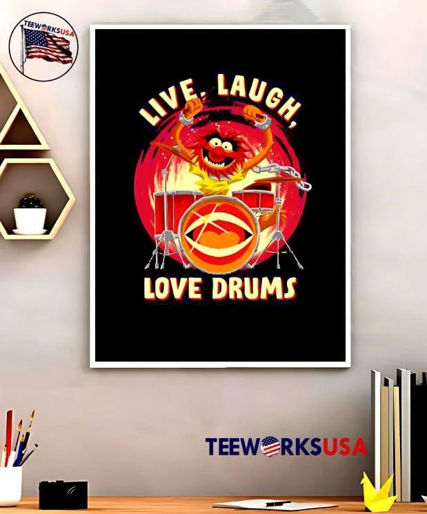 Live Laugh Love Drums Cartoon Muppet Animal Playing - Adult & Kids T-Shirts, Sweatshirts & Hoodies apparel design preview 5