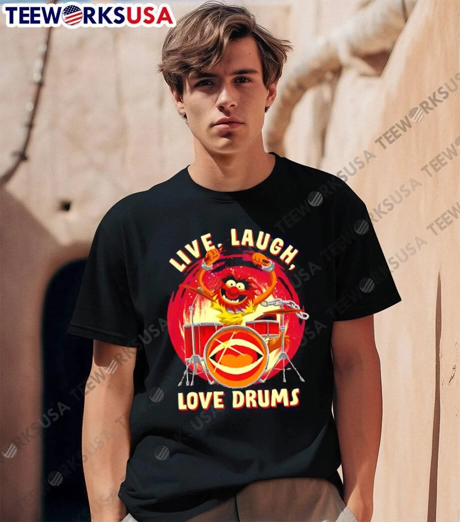 Live Laugh Love Drums Cartoon Muppet Animal Playing - Adult & Kids T-Shirts, Sweatshirts & Hoodies apparel design preview 1