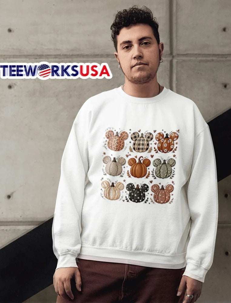 Mickey Mouse Shaped Autumn Pumpkins Grid Leopard - Adult & Kids T-Shirts, Sweatshirts & Hoodies apparel design preview 6
