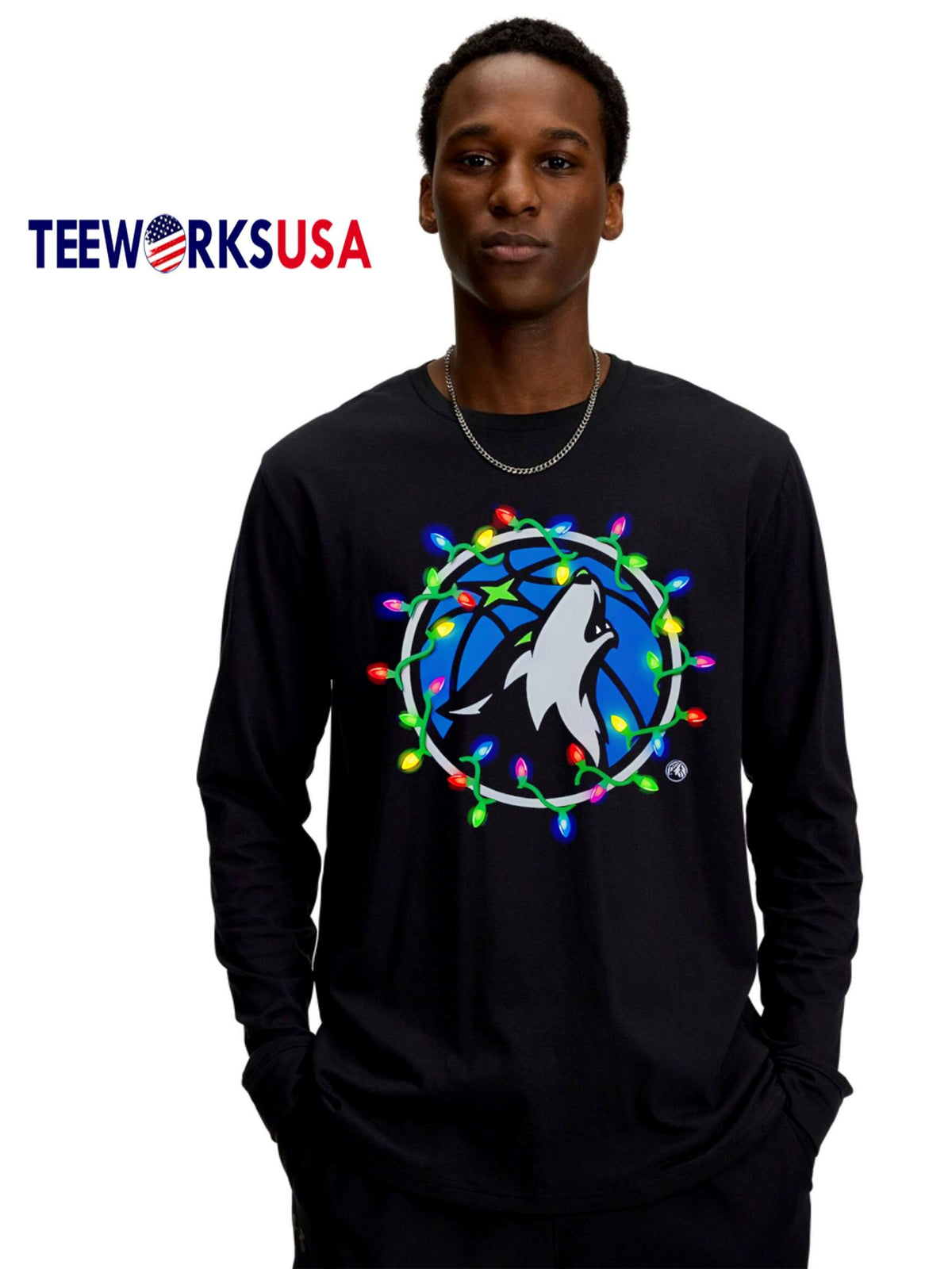 Minnesota Timberwolves Logo Lights Merry Christmas - Adult & Kids T-Shirts, Sweatshirts & Hoodies apparel design preview 4