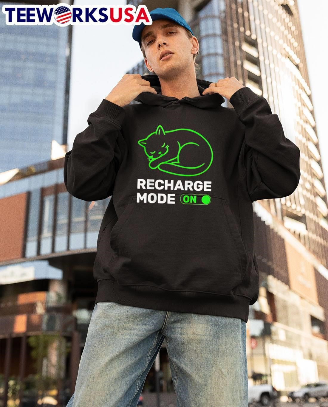 Neon Cat Recharge Mode On - Adult & Kids T-Shirts, Sweatshirts & Hoodies apparel design preview 3