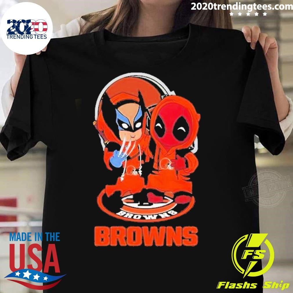 Nice Chibi Cleveland Browns Marvel Wolverine Deadpool - Adult & Kids T-Shirts, Sweatshirts & Hoodies apparel design preview 1