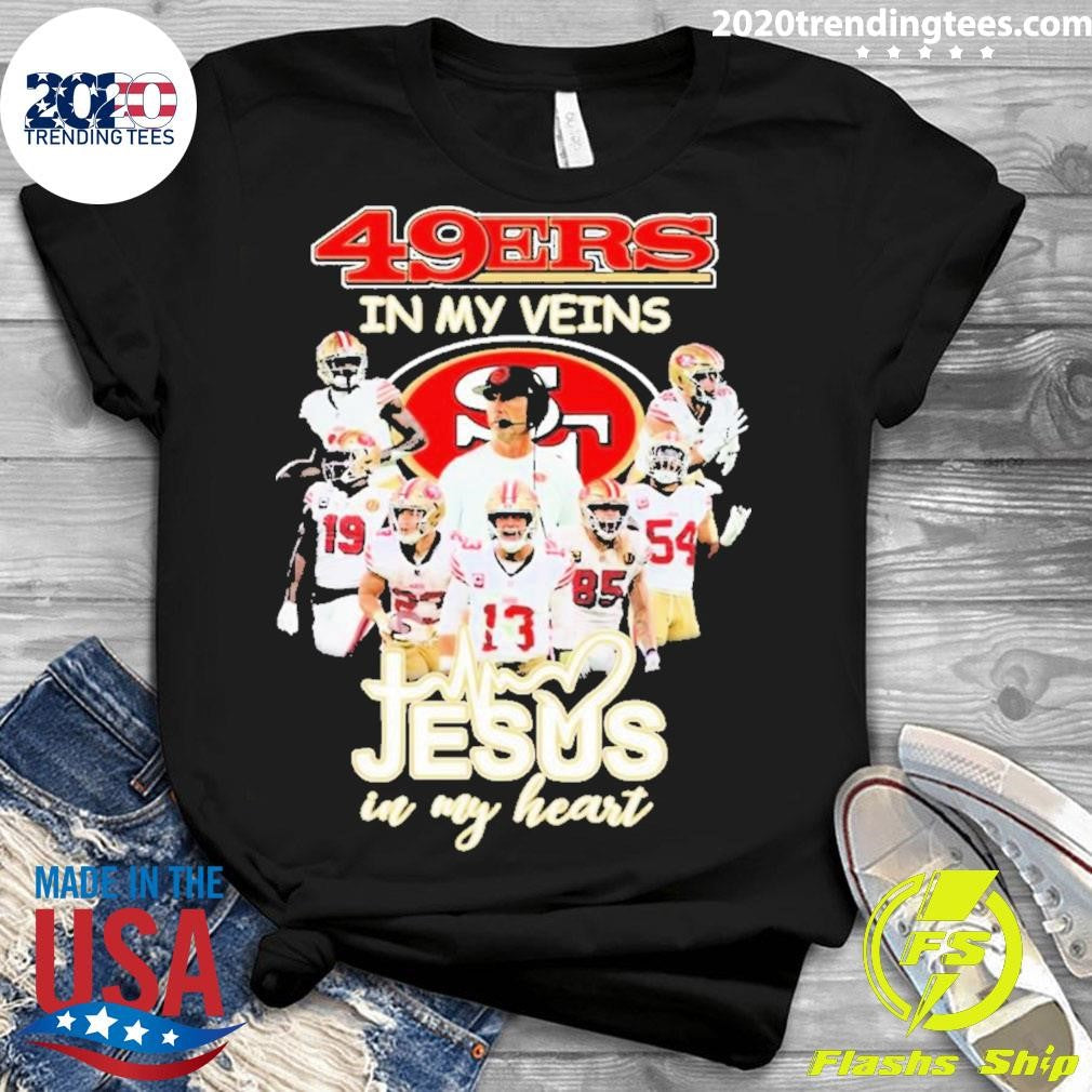 Official 2023 49ers In My Veins Jesus Heart - Adult & Kids T-Shirts, Sweatshirts & Hoodies apparel design preview 3