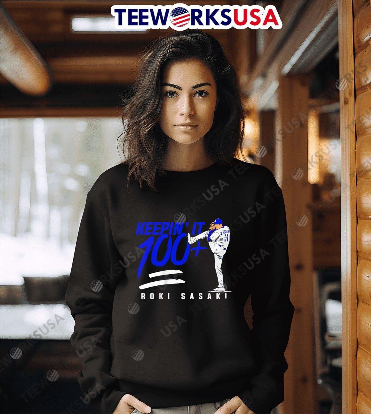 Roki Sasaki Keepin' It 100 Dodgers - Adult & Kids T-Shirts, Sweatshirts & Hoodies apparel design preview 6
