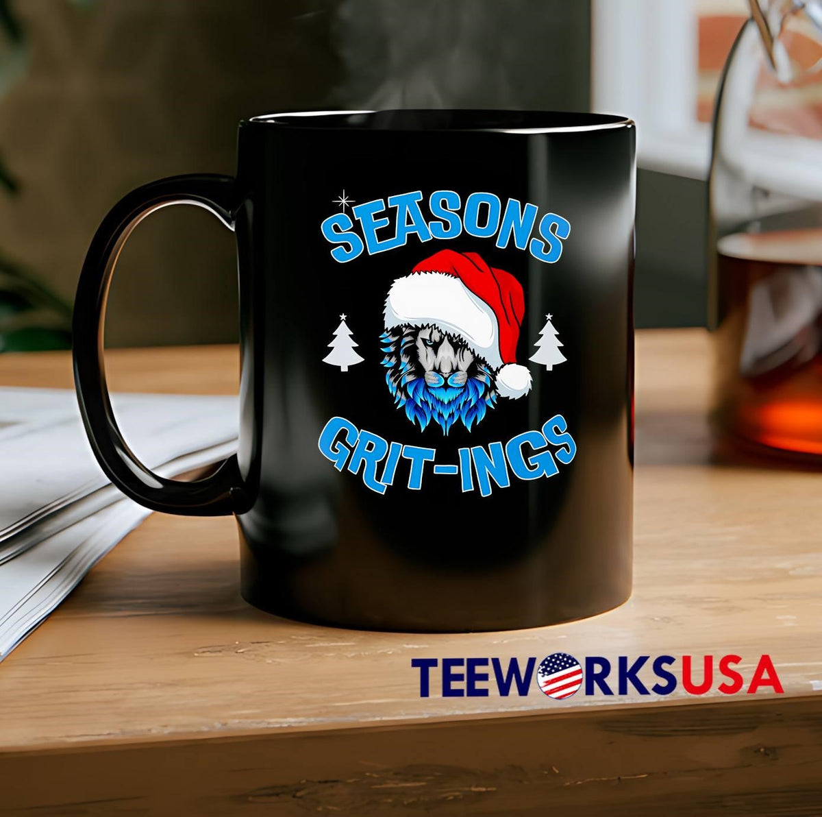 Seasons Grit-ings blue fur lion wearing Santa hat - Adult & Kids T-Shirts, Sweatshirts & Hoodies apparel design preview 2