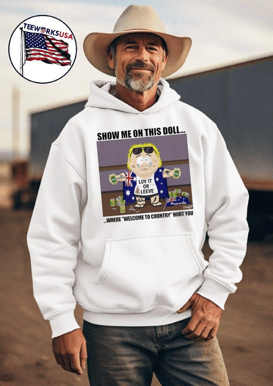 Show me on this doll where Welcome to Country hurt - Adult & Kids T-Shirts, Sweatshirts & Hoodies apparel design preview 2