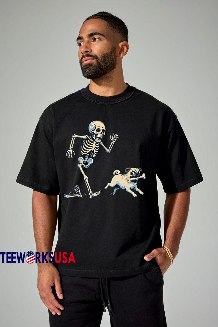 Skeleton Chasing Pug Halloween Dog Mom - Adult & Kids T-Shirts, Sweatshirts & Hoodies apparel design preview 1