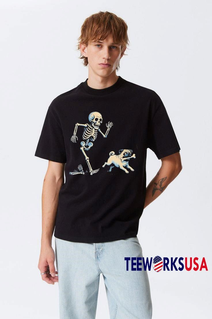 Skeleton Chasing Pug Halloween Dog Mom - Adult & Kids T-Shirts, Sweatshirts & Hoodies apparel design preview 3