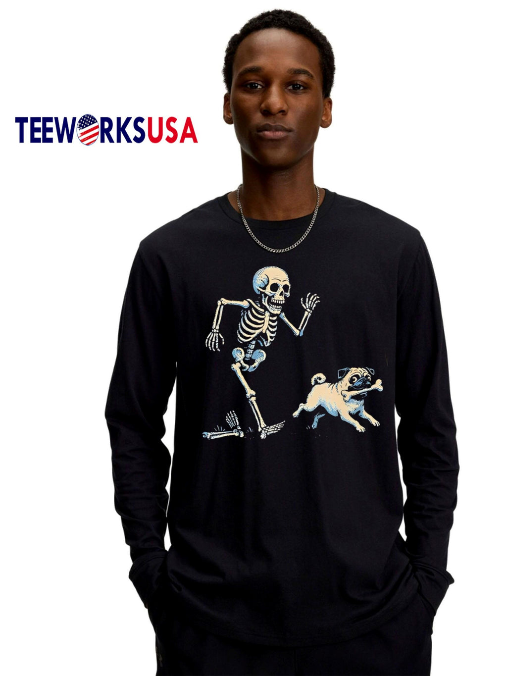 Skeleton Chasing Pug Halloween Dog Mom - Adult & Kids T-Shirts, Sweatshirts & Hoodies apparel design preview 4