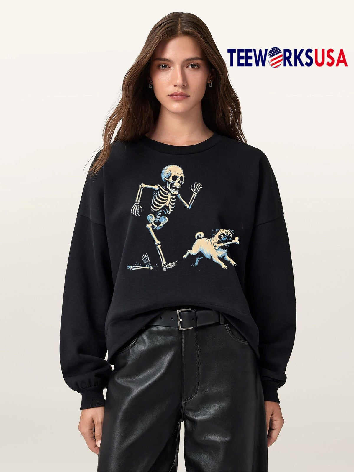 Skeleton Chasing Pug Halloween Dog Mom - Adult & Kids T-Shirts, Sweatshirts & Hoodies apparel design preview 5