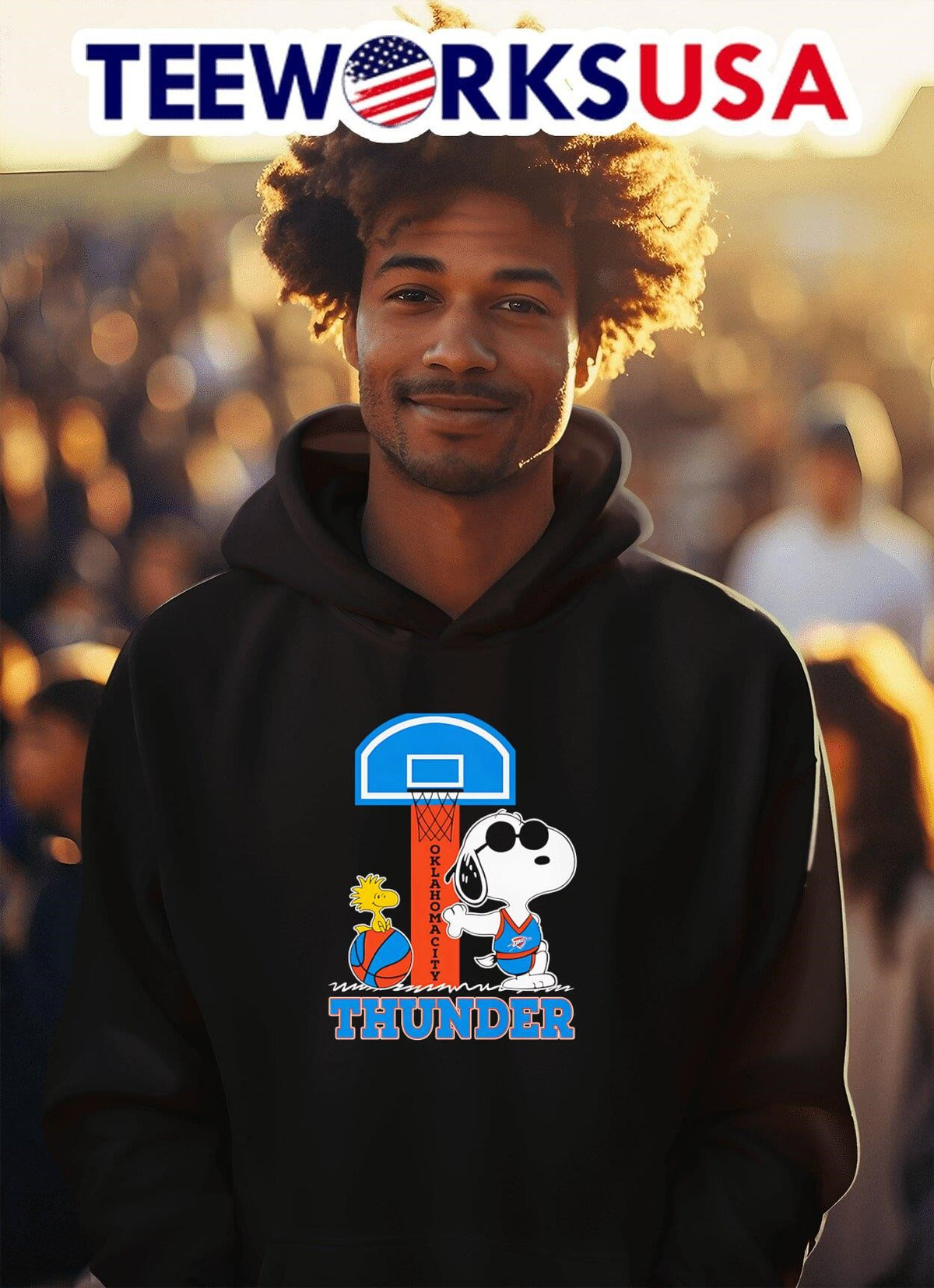 Snoopy and Woodstock standing OKC Thunder basketball - Adult & Kids T-Shirts, Sweatshirts & Hoodies apparel design preview 2