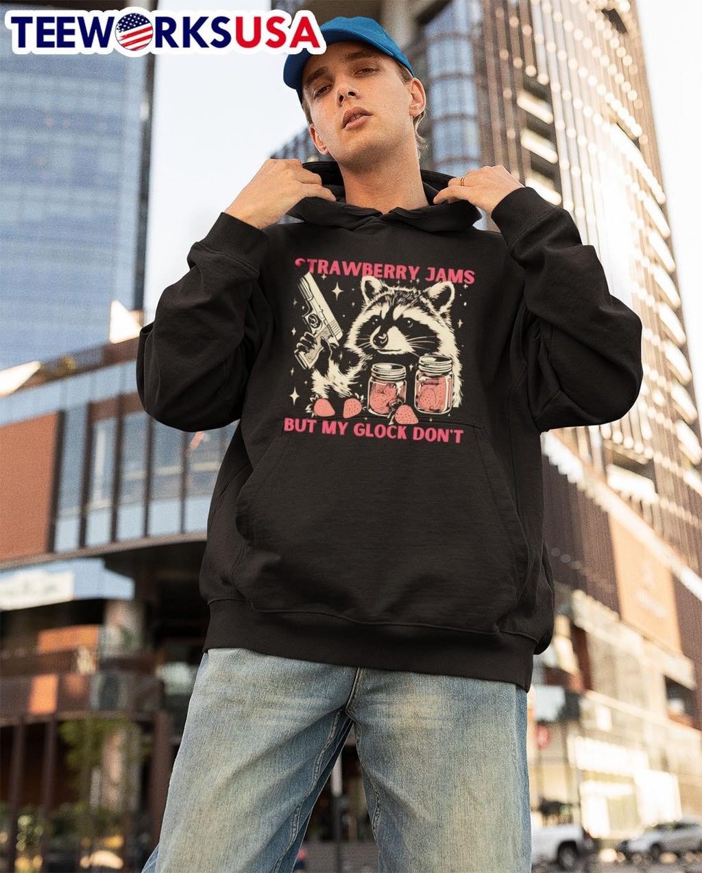 Strawberry Jams Raccoon but my glock don' - Adult & Kids T-Shirts, Sweatshirts & Hoodies apparel design preview 3