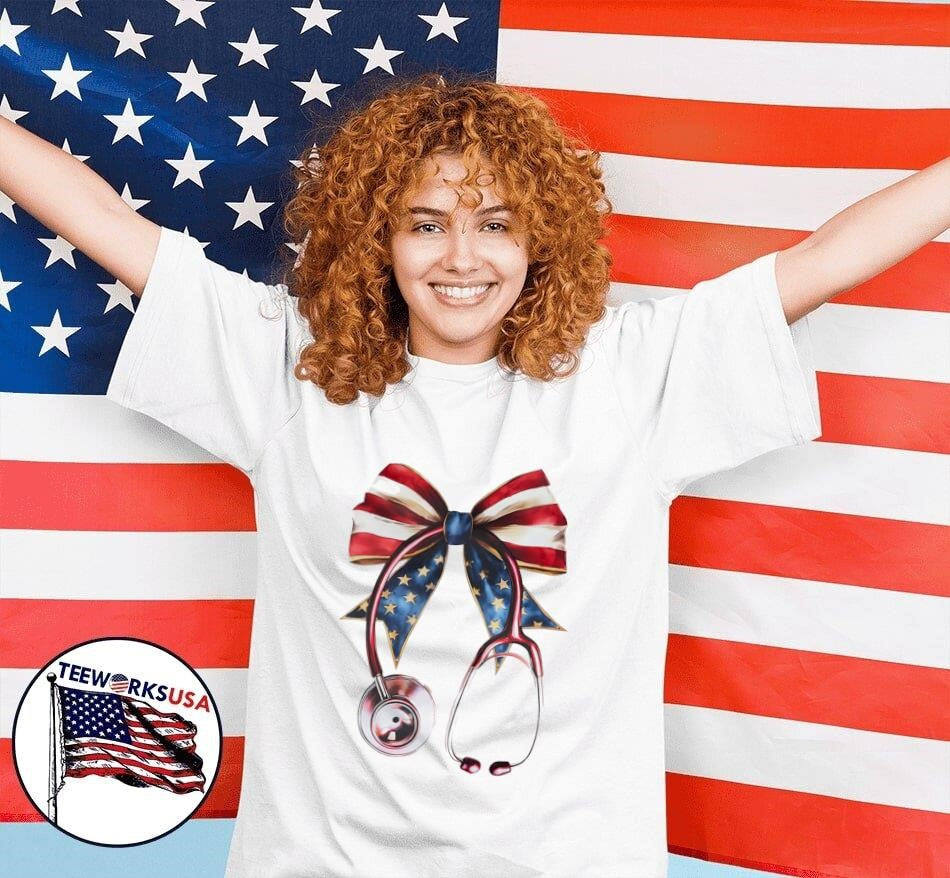 USA Flag Bow And Stethoscope - Adult & Kids T-Shirts, Sweatshirts & Hoodies apparel design preview 7