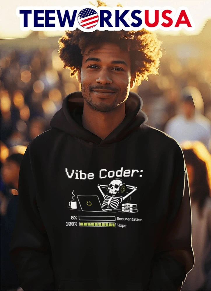 Vibe Coder skeleton wearing headphones using laptop - Adult & Kids T-Shirts, Sweatshirts & Hoodies apparel design preview 3