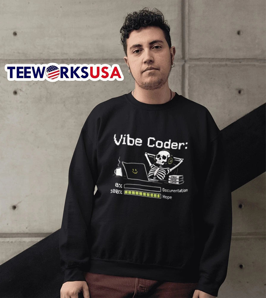 Vibe Coder skeleton wearing headphones using laptop - Adult & Kids T-Shirts, Sweatshirts & Hoodies apparel design preview 5