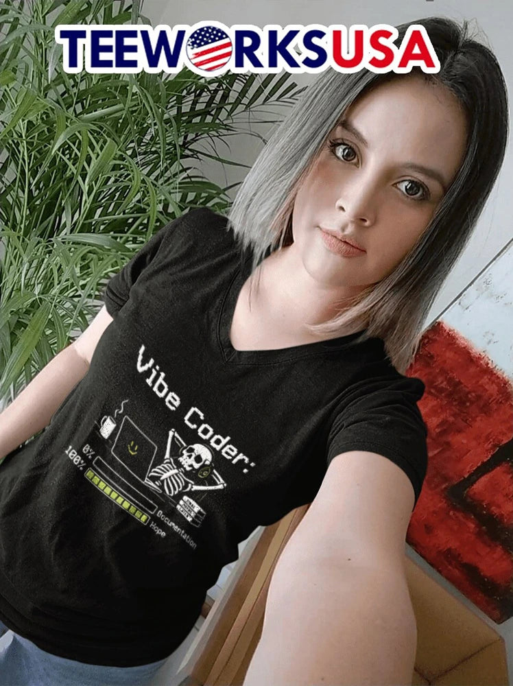 Vibe Coder skeleton wearing headphones using laptop - Adult & Kids T-Shirts, Sweatshirts & Hoodies apparel design preview 7