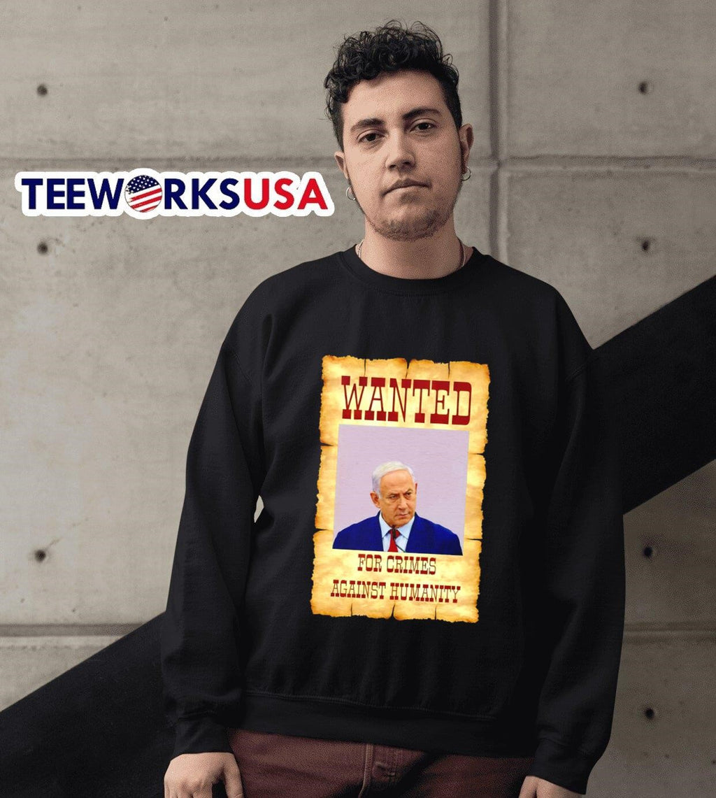 Wanted for crimes against humanity Netanyahu poster - Adult & Kids T-Shirts, Sweatshirts & Hoodies apparel design preview 3