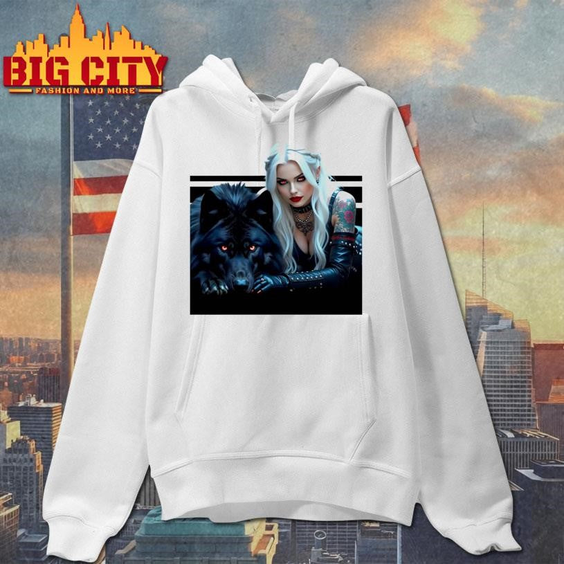 White Hair Gothic Girl And Her Wolf - Adult & Kids T-Shirts, Sweatshirts & Hoodies apparel design preview 2