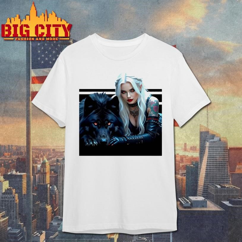 White Hair Gothic Girl And Her Wolf - Adult & Kids T-Shirts, Sweatshirts & Hoodies apparel design preview 1