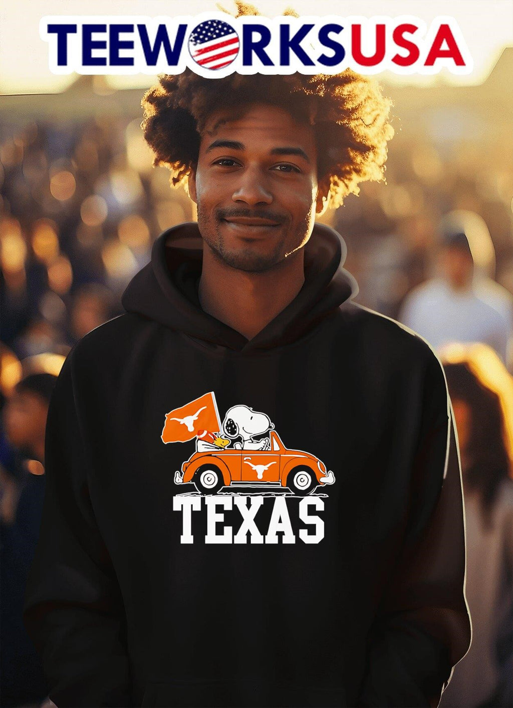 Woodstock and Snoopy driving Texas Longhorns car - Adult & Kids T-Shirts, Sweatshirts & Hoodies apparel design preview 2
