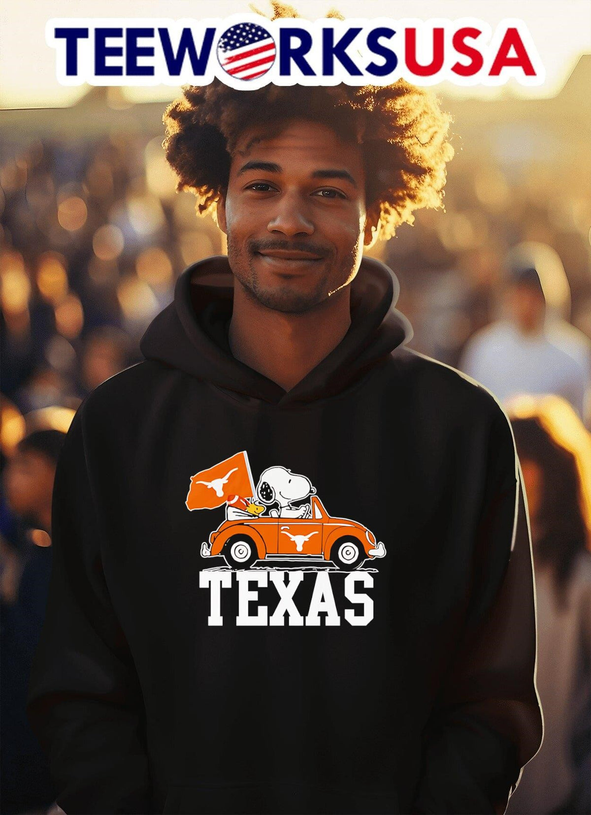 Woodstock and Snoopy driving Texas Longhorns car - Adult & Kids T-Shirts, Sweatshirts & Hoodies apparel design preview 2