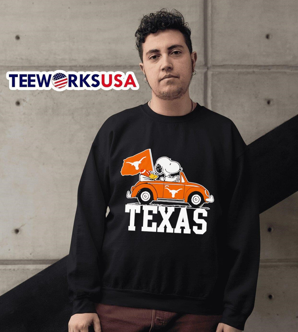 Woodstock and Snoopy driving Texas Longhorns car - Adult & Kids T-Shirts, Sweatshirts & Hoodies apparel design preview 3