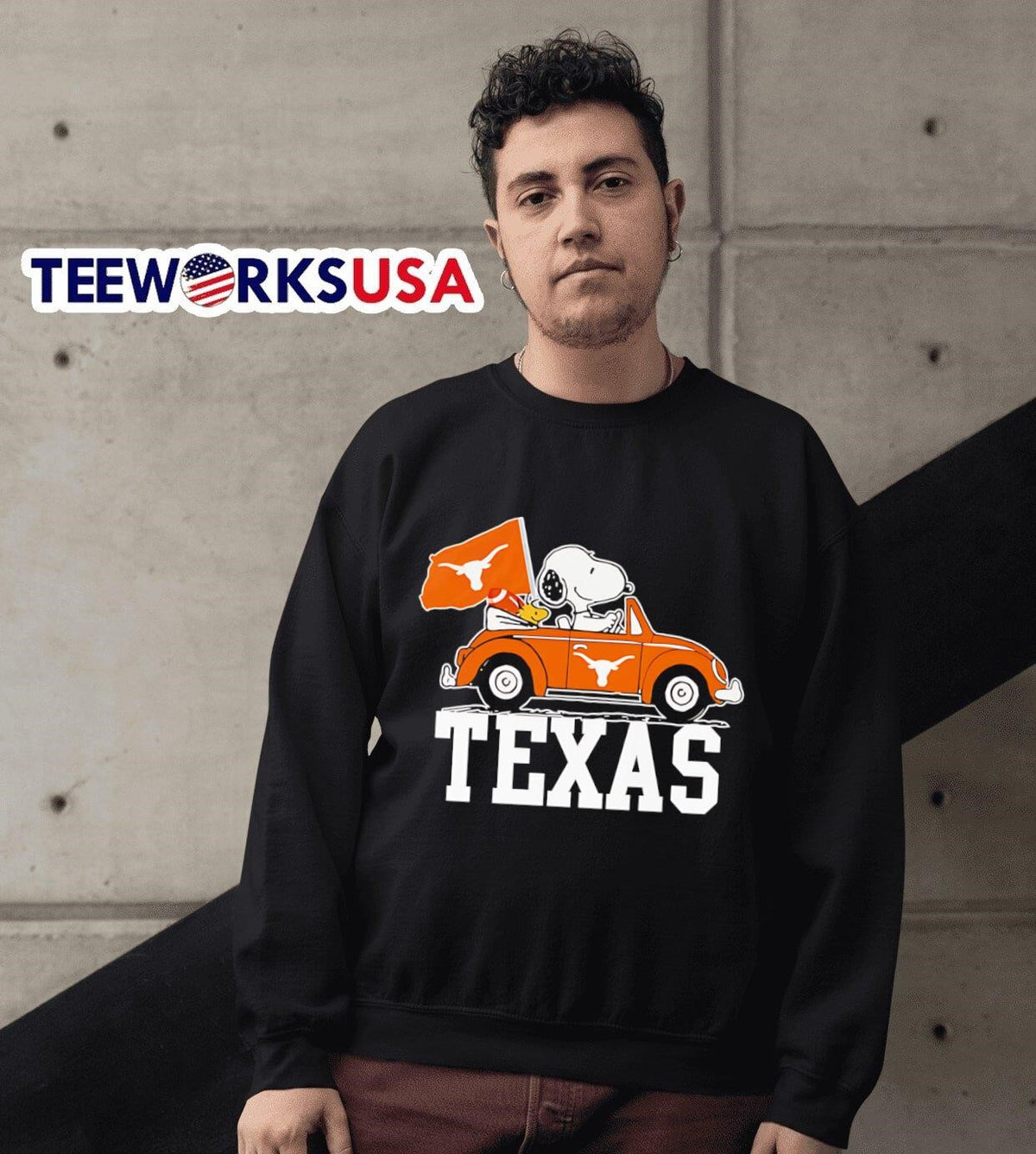 Woodstock and Snoopy driving Texas Longhorns car - Adult & Kids T-Shirts, Sweatshirts & Hoodies apparel design preview 3