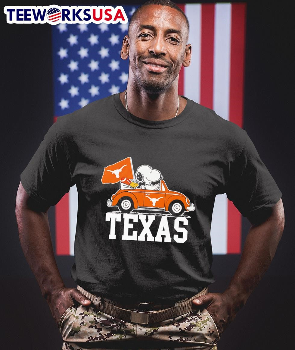 Woodstock and Snoopy driving Texas Longhorns car - Adult & Kids T-Shirts, Sweatshirts & Hoodies apparel design preview 1