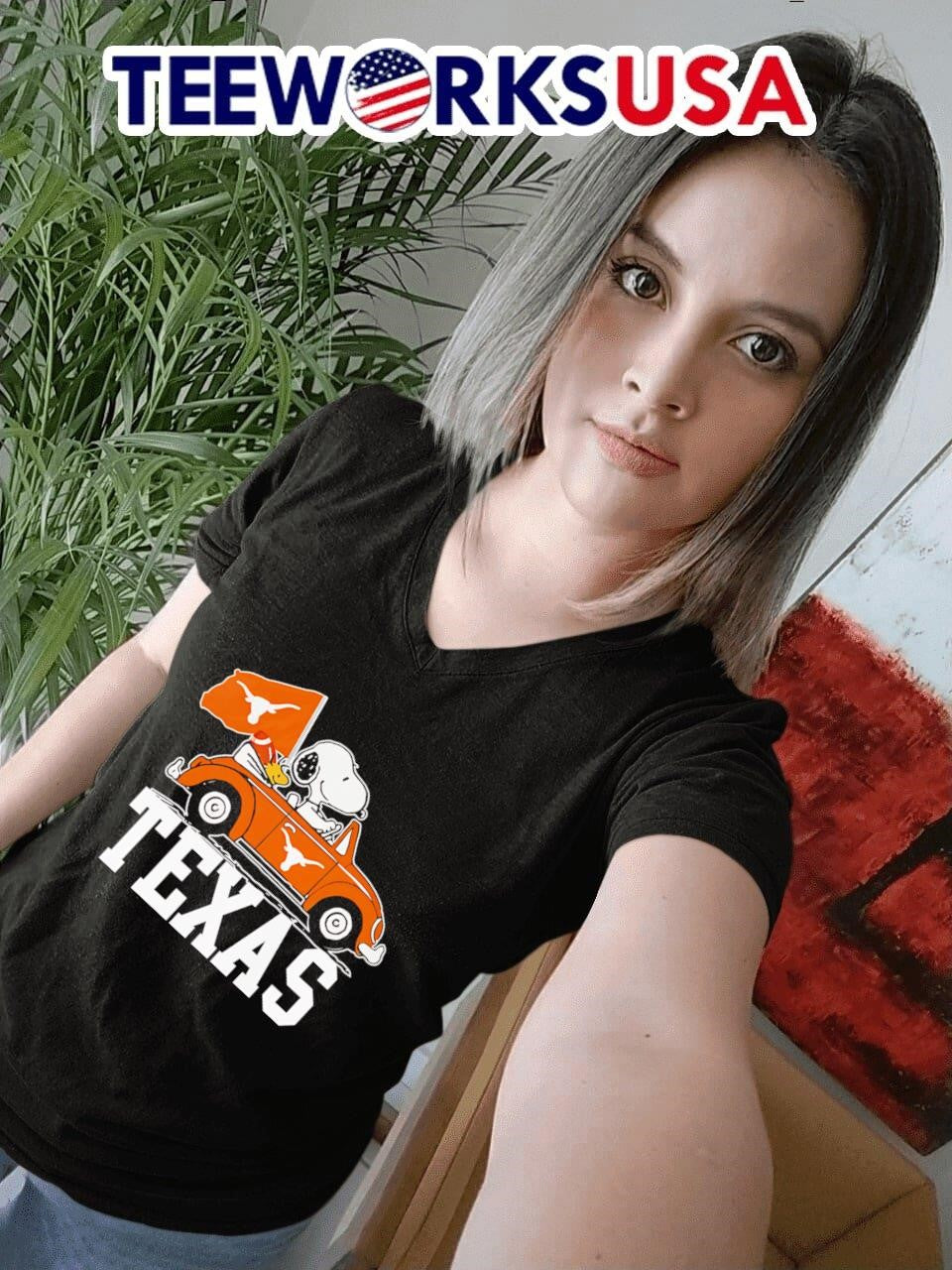 Woodstock and Snoopy driving Texas Longhorns car - Adult & Kids T-Shirts, Sweatshirts & Hoodies apparel design preview 4