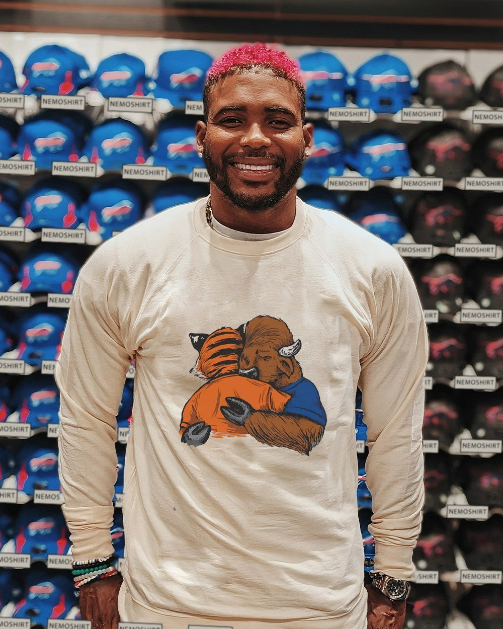 Buffalo Bills Cincinnati Bengals hug mascot - Adult & Kids T-Shirts, Sweatshirts & Hoodies apparel design preview 2