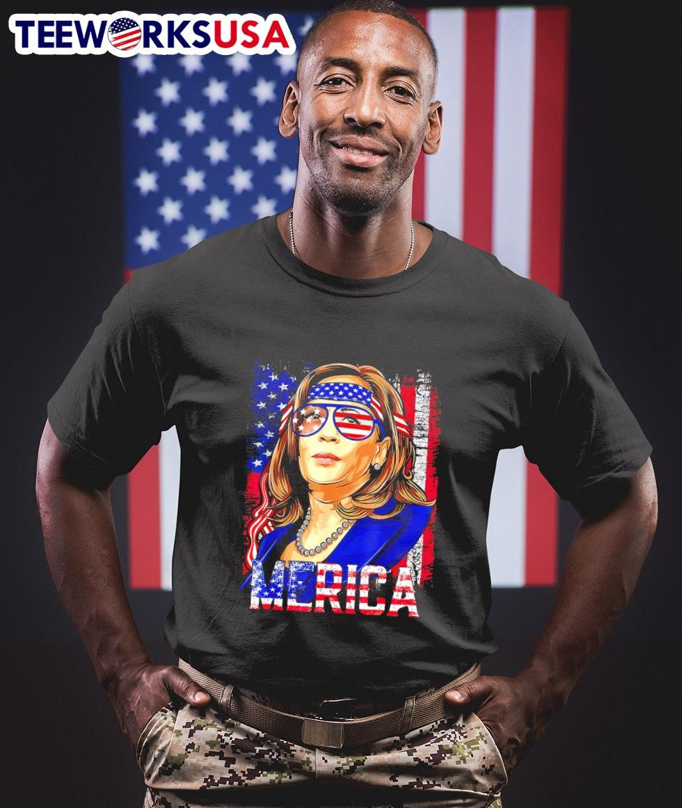 Kamala Harris with USA flag glasses retro - Adult & Kids T-Shirts, Sweatshirts & Hoodies apparel design preview 1