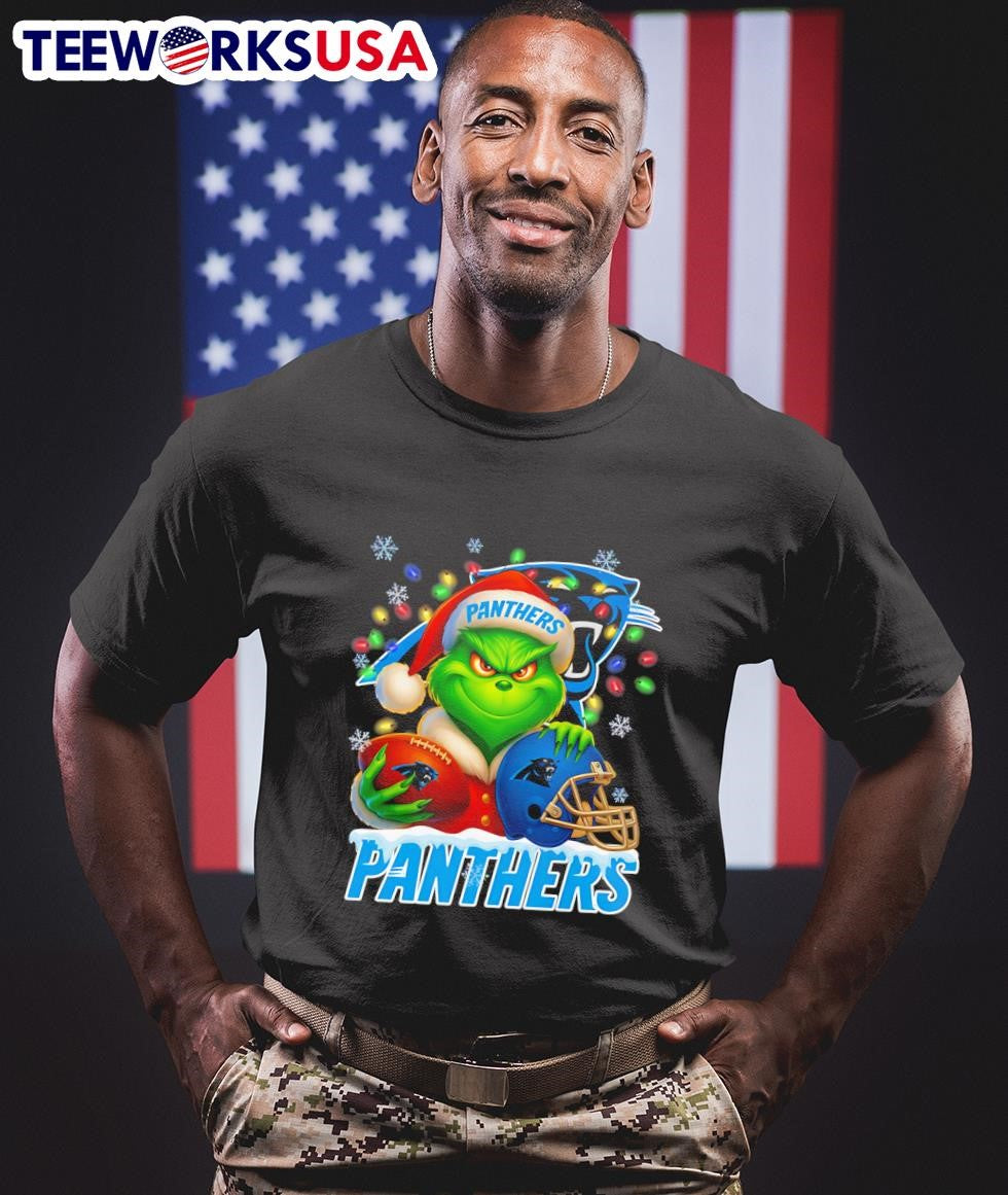 Santa Christmas Grinch Carolina Panthers holding - Adult & Kids T-Shirts, Sweatshirts & Hoodies apparel design preview 1